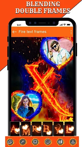 Blending double frames feature with two photos and fire effect X using fire text photo frame editor