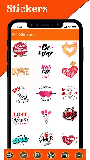Stickers screen showing love-themed stickers hearts and romantic text graphics for photo decoration