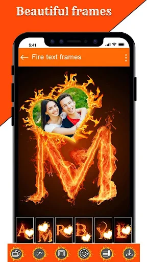 Beautiful fire frames with photo in heart frame and flaming letter M effect using photo frame editor