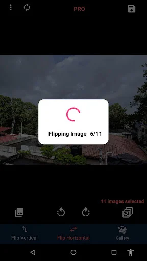 Image processing screen displaying progress indicator showing Flipping image 6/11 for batch flip operation