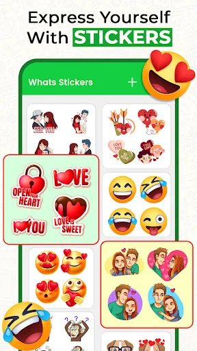 All Sticker Pack app showing WhatsApp stickers, love emoji, and romantic stickers for personalized messaging
