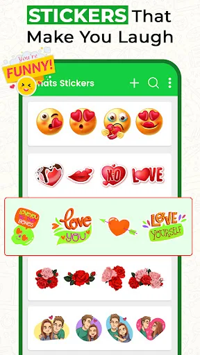 Funny emoji stickers and love-themed sticker packs organized in scrollable rows for messaging apps