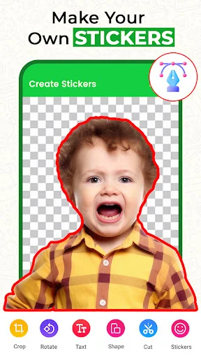 Create custom stickers feature with photo cutout tool and editing options like crop, rotate, and text