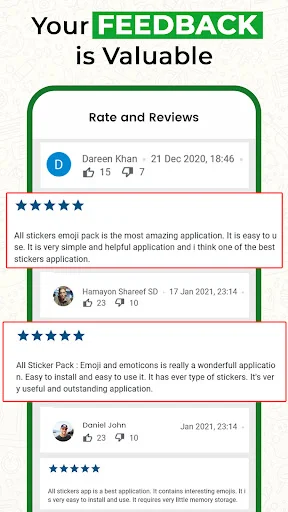 User reviews and ratings interface showing 5-star feedback for All Sticker Pack emoji app