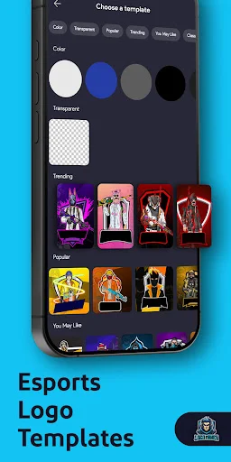 Esports logo templates interface showing gaming logo designs with color, transparency, trending and popular options