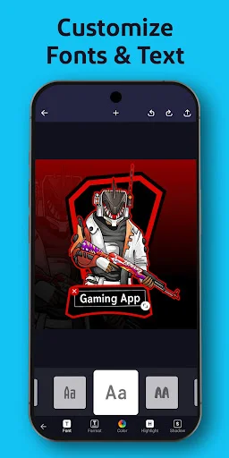 Gaming logo editor with customizable fonts and text styling tools for creating esports designs