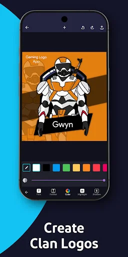 Clan logo maker displaying futuristic character design with interactive color palette customization