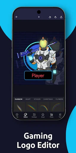 Gaming logo editor with futuristic character design and multiple color theme customization options