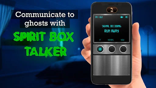 Spirit Box Talker ghost communication feature with paranormal text interface and control buttons on smartphone
