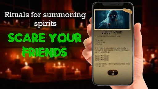 Scare Your Friends supernatural ritual feature showing spirit summoning content on Ghost Detector app
