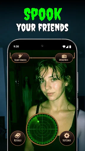 Prank app feature with face detection radar scanner and scareometer button for spooking friends with ghost effects