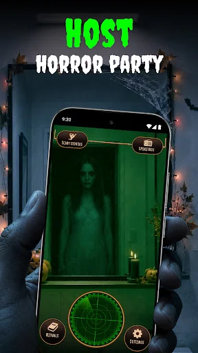 Paranormal horror party with ghost detection radar showing spectral green imaging for group supernatural investigation