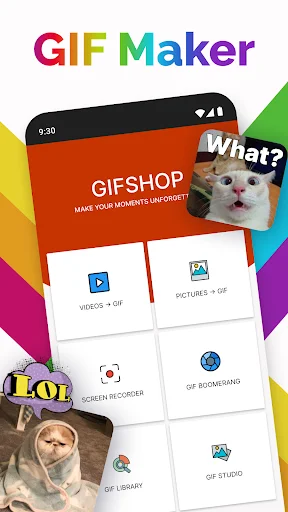 GIF Maker home screen displaying feature tiles: convert videos to GIF, pictures to GIF, screen recorder, library, and studio options
