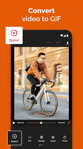 Video to GIF converter interface showing bicycle video with timeline scrubber and editing controls for speed, trim, adjust, and rotate