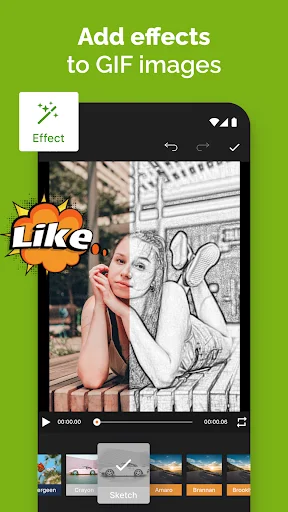 GIF editor with split-screen effect showing woman image with Like sticker overlay for creating stylized animated effects