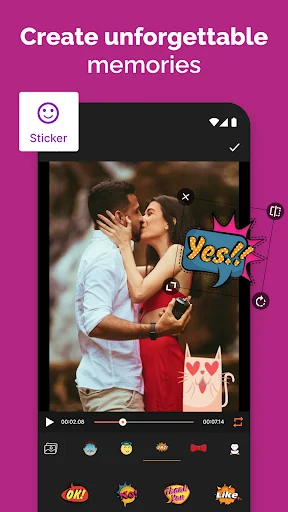 GIF animation creator with couple photo and multiple sticker overlays including Yes tag, hearts, and emojis for customization