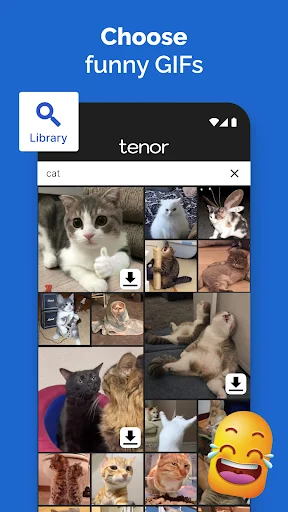 GIF library search interface displaying cat GIFs with thumbnail grid and search bar for browsing funny animated content