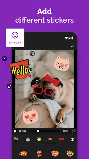 Sticker editor with dog image and multiple decorative stickers including Hello text, emoji faces, and hearts for GIF design