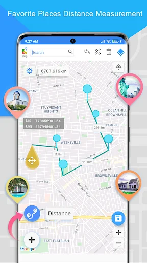 GPS distance measurement between favorite location pins on map with calculated distance display and route visualization