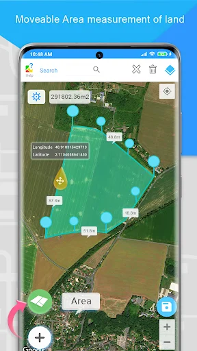 Aerial land area measurement using adjustable points on satellite imagery showing calculated area in square meters