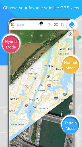 GPS map view mode selection displaying hybrid, normal, and terrain satellite view options for land measurement