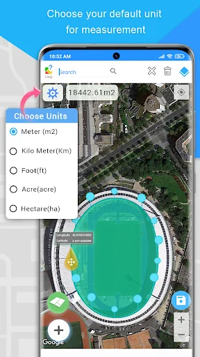 Land measurement unit selection menu including meter, kilometer, foot, acre, and hectare options for GPS area calculation