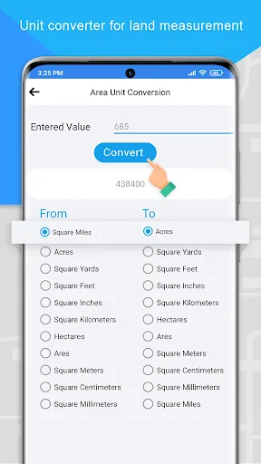 Area unit converter tool for converting between square miles, acres, square yards, feet and kilometer land measurements