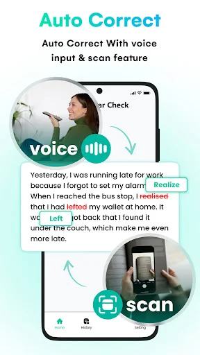 Auto Correct feature with voice input waveform and text scanning for real-time grammar and spelling correction