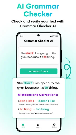 Grammar Checker interface showing example text with highlighted errors and corrections for grammar and verb tense issues
