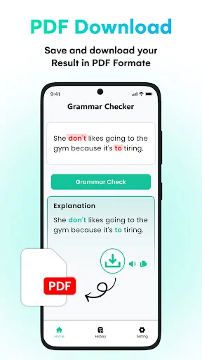 PDF Download feature allowing users to save grammar check results and explanations in PDF format