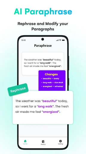 AI Paraphrase tool showing original text transformed with alternative word suggestions for improved writing