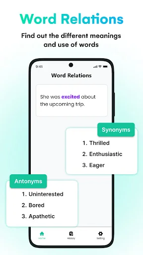 Word Relations feature displaying synonyms and antonyms for vocabulary expansion and improved writing expression