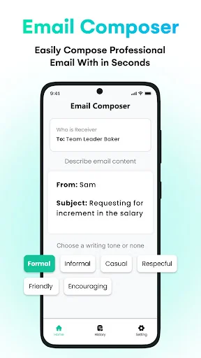 Email Composer with fields for recipient, content, sender, subject, and tone selection for professional emails