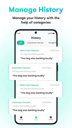 Manage History screen showing categorized grammar checks with dates and previously corrected text examples