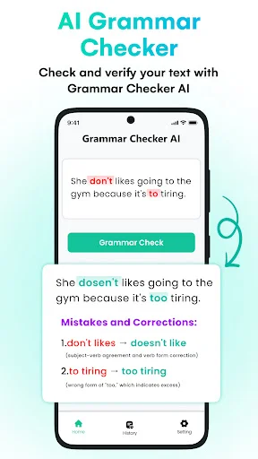 AI Grammar Checker interface displaying sentence correction with detailed error explanation and suggested grammar improvements for accuracy