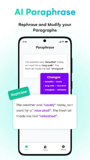 AI Paraphrase tool showing original text with multiple synonym suggestions displayed in purple popup to rephrase content professionally