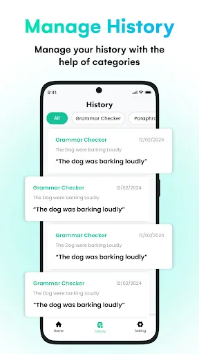 History management interface with categorized tabs showing Grammar Checker and Paraphrase activity entries with dates and checked text