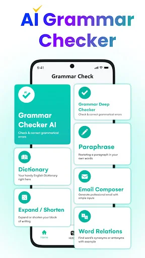 Grammar Checker app home showing Grammar Checker AI, Dictionary, Paraphrase, Email Composer, Shorten, and Word Relations