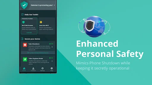Device security dashboard with duty use toolkit, fake shutdown mode, fake airplane mode, and personal safety protection features