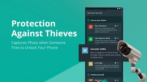Hammer Security protection against thieves showing fake shadow, intruder selfie capture, lock apps, and anti-theft features