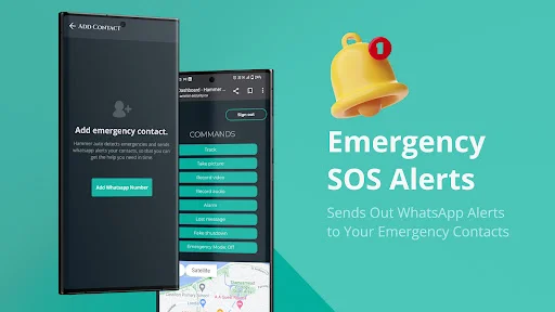 Emergency SOS alerts setup screen for adding emergency contacts and sending WhatsApp location alerts to designated contacts