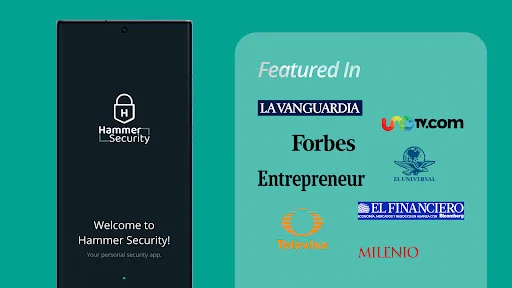 Hammer Security app welcome splash screen featured in Forbes, La Vanguardia, and other major publications about lost device finder