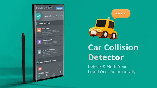 Car collision detector feature automatically detecting accidents and alerting loved ones through Hammer Security device tracker app