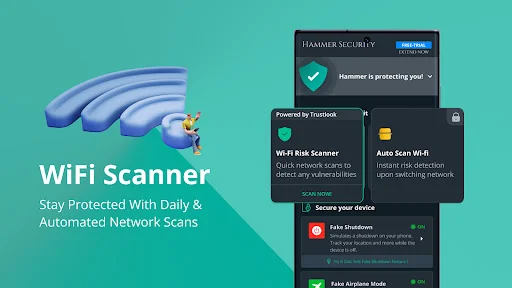 WiFi scanner feature detecting network vulnerabilities with auto scan and WiFi risk detection for personal device security