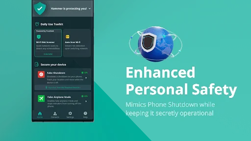 Personal safety features including daily toolkit, fake phone shutdown, and fake airplane mode to protect your device and privacy