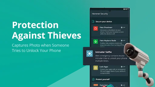 Security protection against thieves with intruder selfie camera, fake shutdown, fake airplane mode, and app lock features