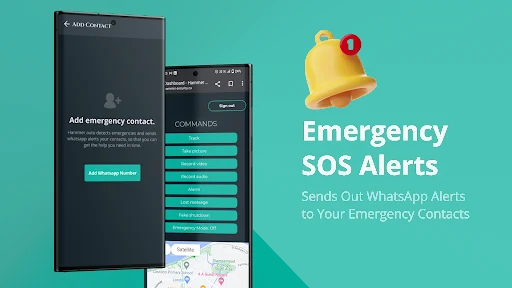 Emergency SOS alerts feature sending WhatsApp notifications and location sharing to emergency contacts automatically