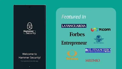 Hammer Security welcome screen featured in Forbes, La Vanguardia, Entrepreneur, and other major technology publications