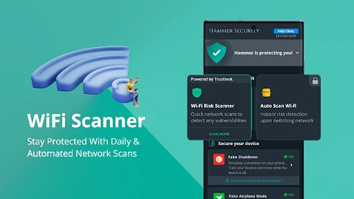 WiFi scanner feature with automatic daily network scans detecting vulnerabilities and securing wireless connections