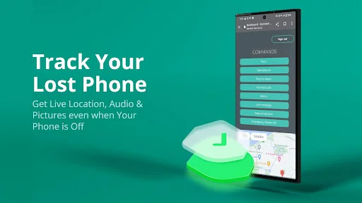 IMEI tracker app showing phone tracking interface with GPS location, live audio and picture recovery, phone locator when device is off